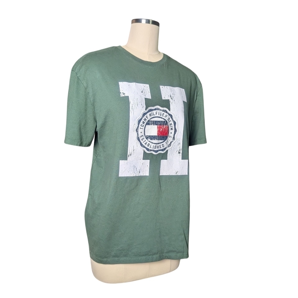 Tommy Hilfiger Retro Olive Green Logo Short Sleeve Tee Men's Large 90s 00s EUC - Picture 10 of 11